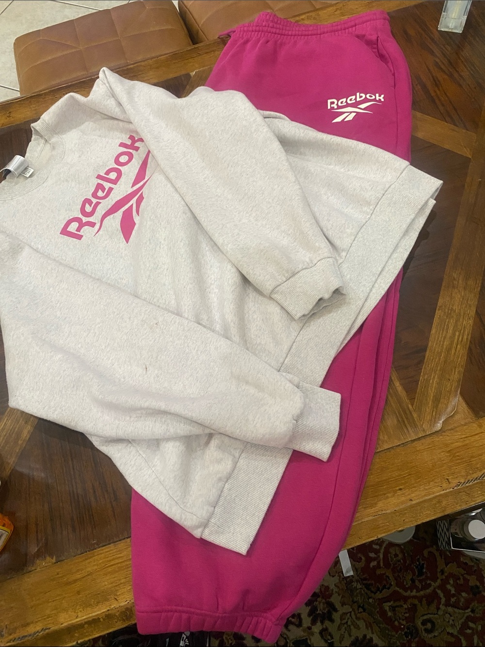 Reebok Crewneck Sweatshirt with Pink Logo and pink Joggers - blemish on sleeve